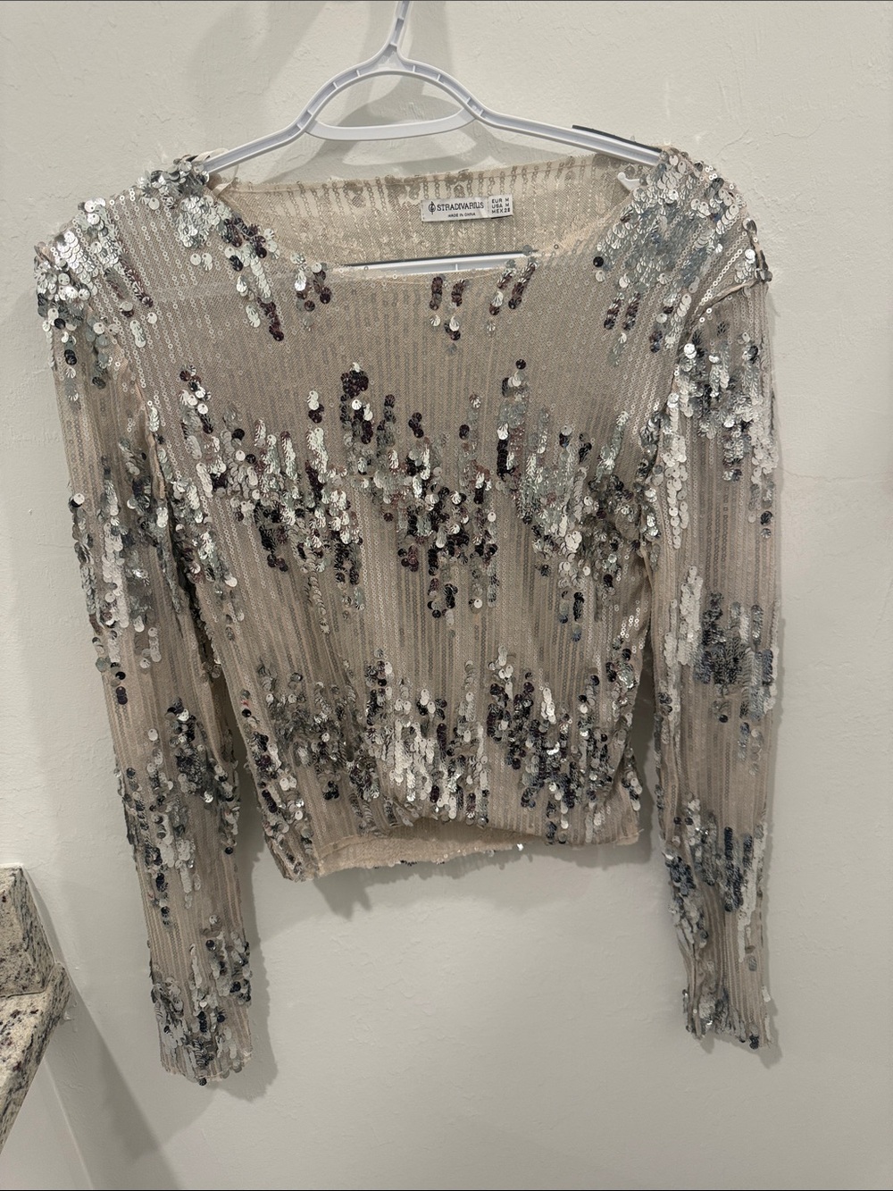 stradivarius Beige Ribbed Sequin Long-Sleeve Top